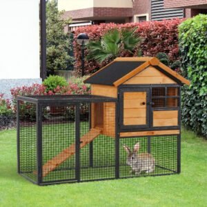 Outdoor Rabbit Cage Elevated Pet House W/ Slide-Out Tray, Natural Wood & Black